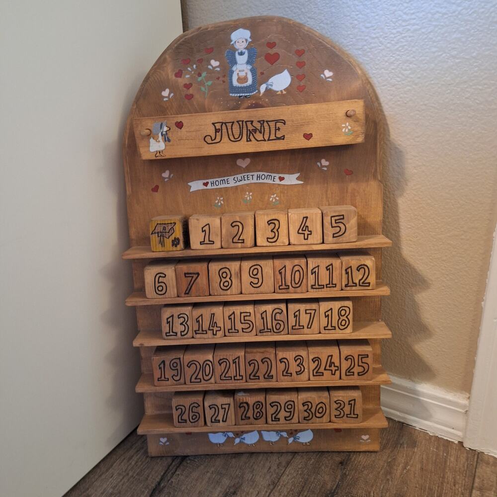 Vintage handmade wood country folk Perpetual calendar large wall hanging geese